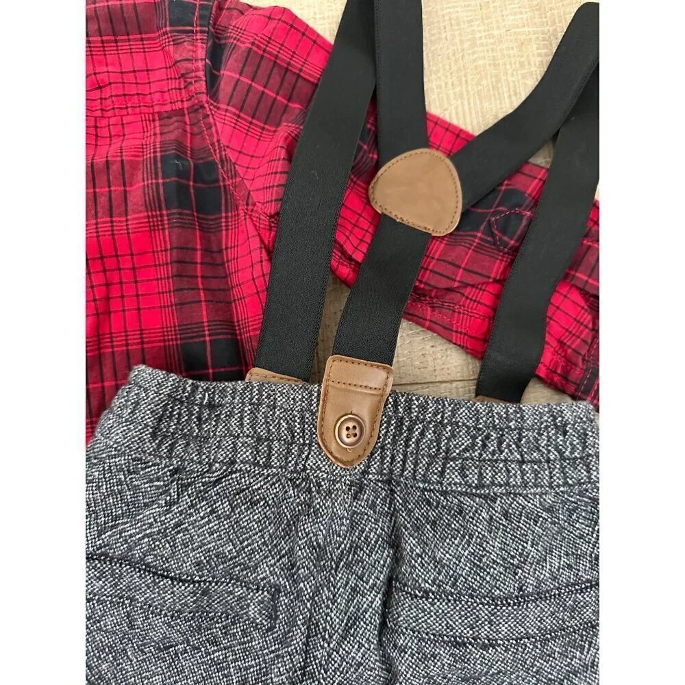Gymboree Red Plaid Shirt & Grey Pants With Suspenders Set 18-24 Months